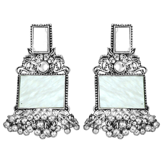 JFL - Jewellery for Less Navratri Special Combo of Oxidised Acrylic Mother of Pearl and Kundan Studded Statement Earrings with Ghungroo Bracelet for Women & Girls. (White)