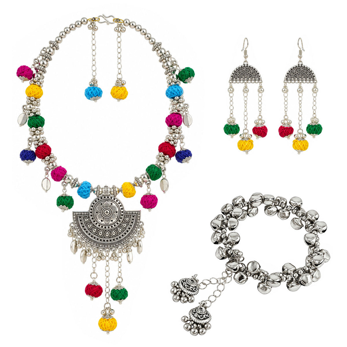 Oxidized German Silver Multicolor Thread Ball Necklace with Earrings, Bracelet – Ethnic Wire Collar Jewellery Set for Women, Navratri Special