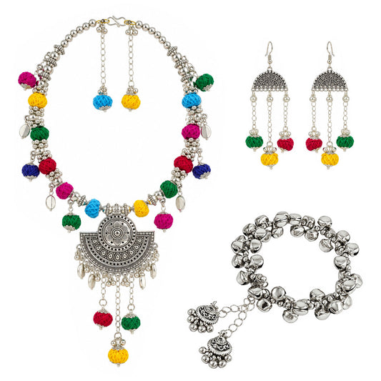Oxidized German Silver Multicolor Thread Ball Necklace with Earrings, Bracelet – Ethnic Wire Collar Jewellery Set for Women, Navratri Special