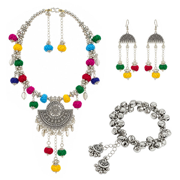 Oxidized German Silver Multicolor Thread Ball Necklace with Earrings, Bracelet – Ethnic Wire Collar Jewellery Set for Women, Navratri Special