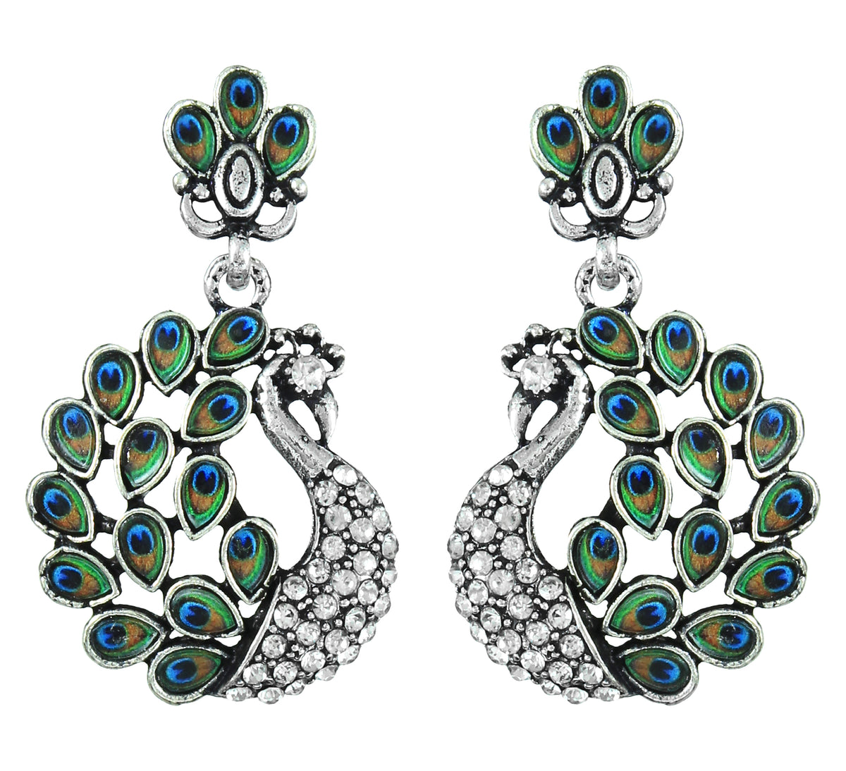 JFL - Jewellery for Less Oxidised Peacock Design Earrings & Finger Ring Combo for Women & Girls – Blue-Green Accents & Stone Detailing for Navratri.