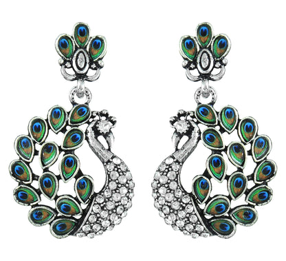 JFL - Jewellery for Less Oxidised Peacock Design Earrings & Finger Ring Combo for Women & Girls – Blue-Green Accents & Stone Detailing for Navratri.