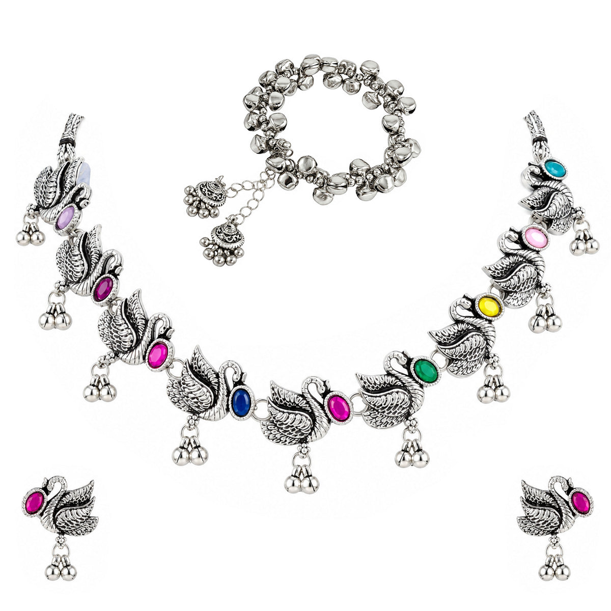 JFL - Jewellery for Less Oxidized German Silver Swan Necklace Set with Earrings and Bracelet – Colorful Stone Choker Jewellery Set for Women & Girls, Traditional Ethnic Antique Silver Combo
