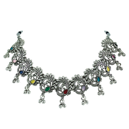JFL - Jewellery for Less Traditional Oxidized Multicolor Stone Peacock Choker Necklace Set with Ghungroo Bracelet for Women & Girls (Navratri Special)