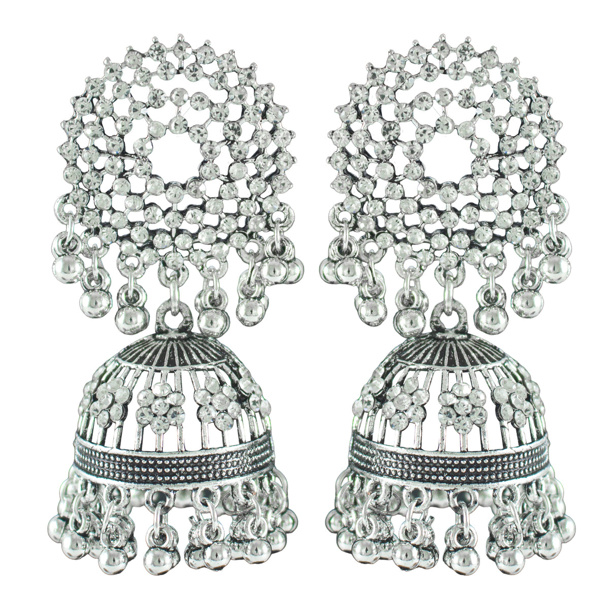 JFL - Jewellery for Less Oxidised Silver-Plated Earrings, Maang Tikka & Finger Ring Combo – Antique Finish with Mirrow Work – Ethnic Jewellery Set for Navratri
