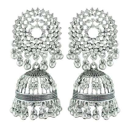 JFL - Jewellery for Less Oxidised Silver-Plated Earrings, Maang Tikka & Finger Ring Combo – Antique Finish with Mirrow Work – Ethnic Jewellery Set for Navratri