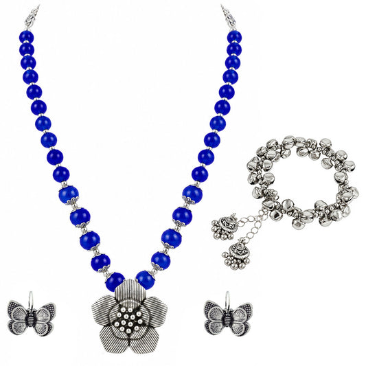 JFL - Jewellery for Less Oxidized Silver Flower Pendant Blue Beads Necklace and Butterfly Earrings with Bracelet Set for Women & Girls | Navratri Special Traditional Jewellery Set
