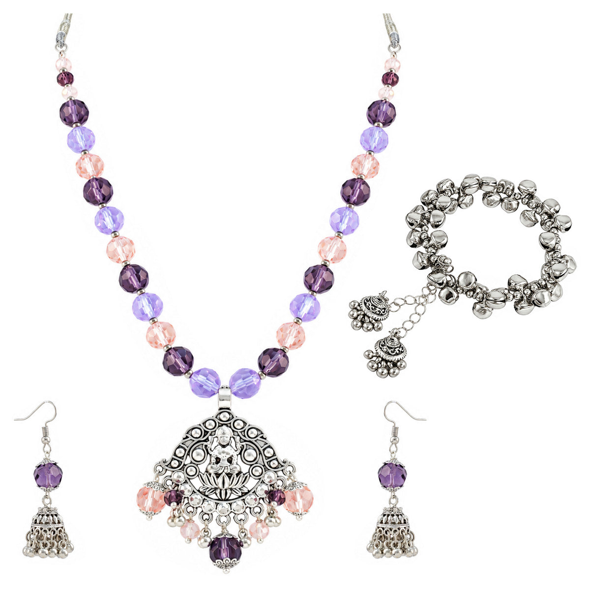 JFL - Jewellery for Less Oxidized Silver Lakshmi Pendant Beaded Necklace Earrings with Bracelet Set – Purple Lavender Peach Crystal Beads Jhumka Earring Jewellery Set for Women & Girls