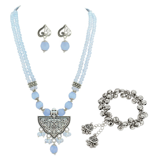 JFL - Jewellery for Less Navratri Necklace Set for Women | German Silver Oxidised Jewellery | Half-Circle Floral Pendant with Light Blue Beads | Traditional Ethnic Necklace & Earrings with Bracelet Set for Garba, Dandiya & Festive