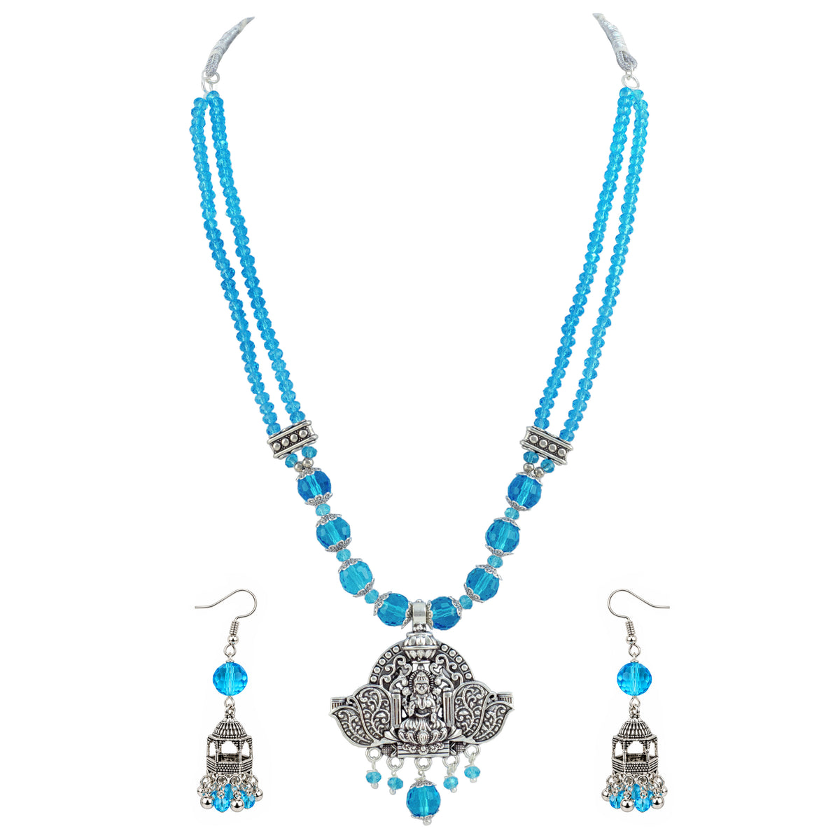 JFL - Jewellery for Less Navratri Turquoise Blue Crystal Beaded Necklace Earring with Bracelet Set for Women | Oxidized German Silver Goddess Pendant | Traditional Ethnic Jewellery for Festive & Wedding