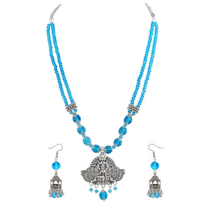 JFL - Jewellery for Less Navratri Turquoise Blue Crystal Beaded Necklace Earring with Bracelet Set for Women | Oxidized German Silver Goddess Pendant | Traditional Ethnic Jewellery for Festive & Wedding