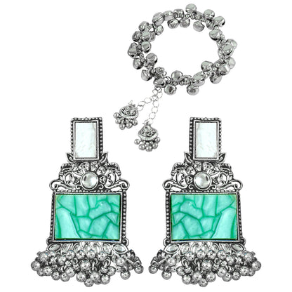 JFL - Jewellery for Less Navratri Special Combo of Oxidised Acrylic Mother of Pearl and Kundan Studded Statement Earrings with Ghungroo Bracelet for Women & Girls. (Green)