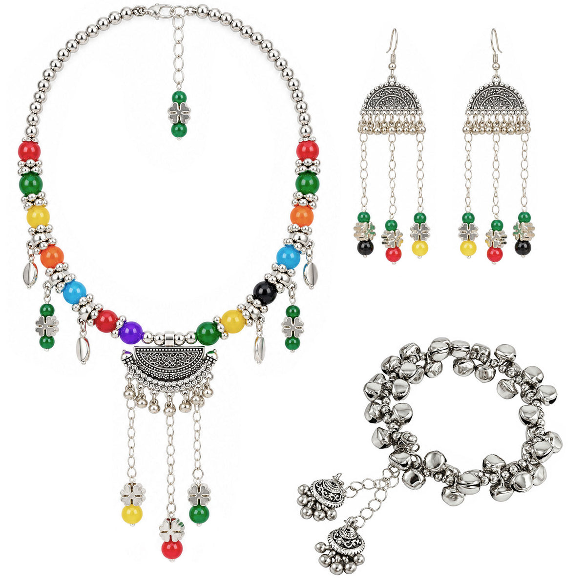 Oxidized German Silver Multicolor Beaded Necklace & Dangle Earrings , Bracelet Set – Ethnic Wire Collar Jewellery Set for Women, Navratri Special