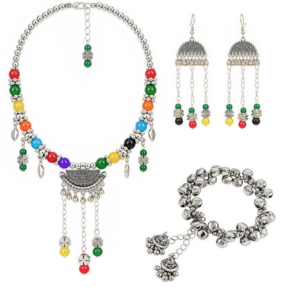 Oxidized German Silver Multicolor Beaded Necklace & Dangle Earrings , Bracelet Set – Ethnic Wire Collar Jewellery Set for Women, Navratri Special