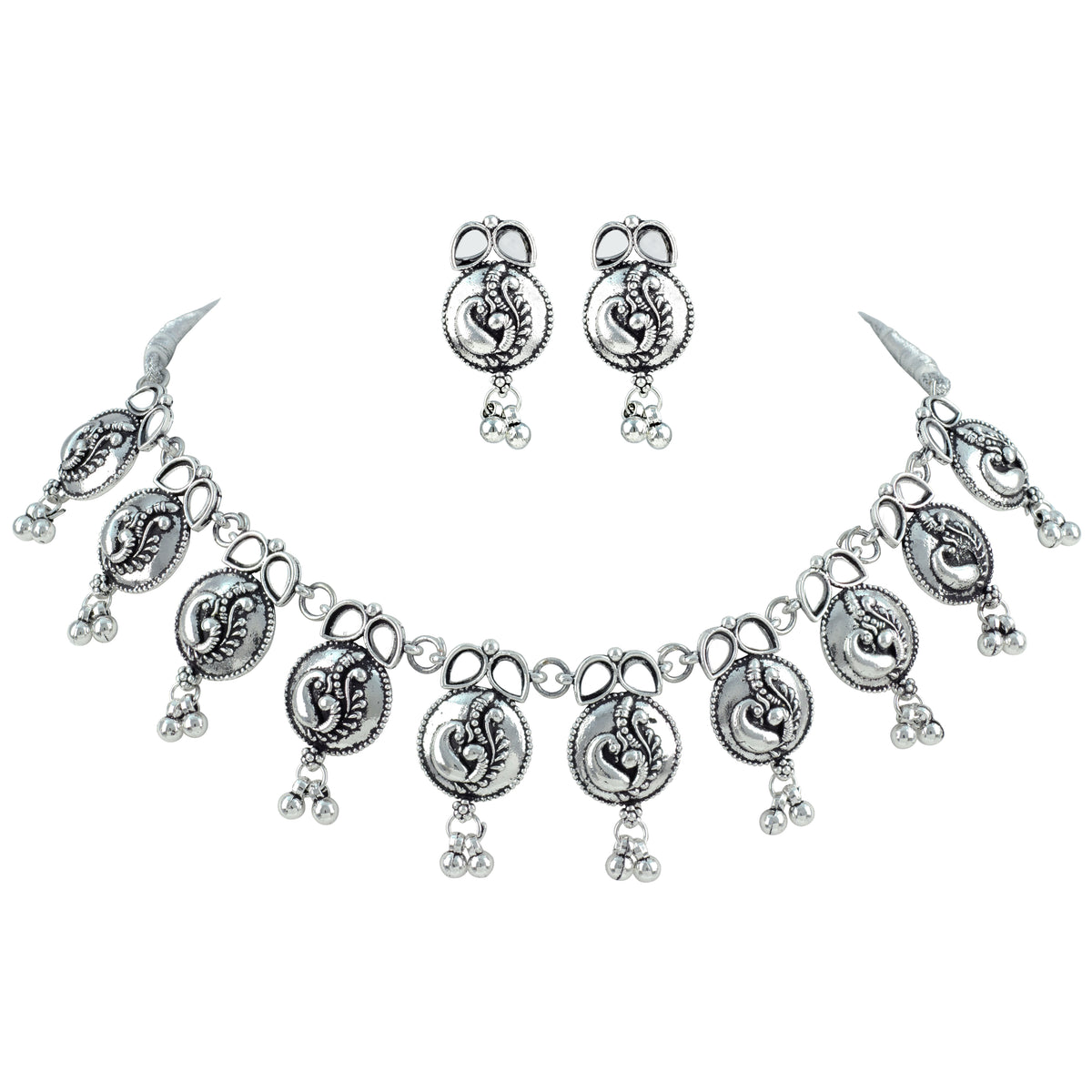 JFL - Jewellery for Less Oxidized German Silver Necklace and Bracelet Set with Mirror Stone Drops – Peacock Design Antique Silver Choker Jewellery Set for Women & Girls, Traditional Ethnic Wear