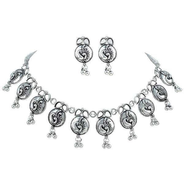 JFL - Jewellery for Less Oxidized German Silver Necklace and Bracelet Set with Mirror Stone Drops – Peacock Design Antique Silver Choker Jewellery Set for Women & Girls, Traditional Ethnic Wear