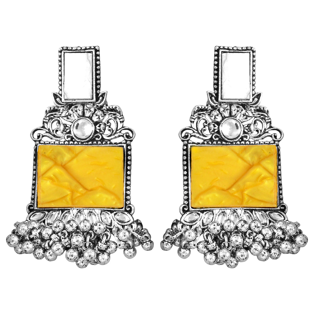 JFL - Jewellery for Less Navratri Special Combo of Oxidised Acrylic Mother of Pearl and Kundan Studded Statement Earrings with Ghungroo Bracelet for Women & Girls. (Yellow)