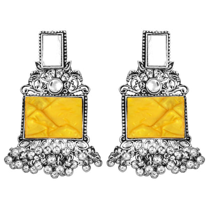 JFL - Jewellery for Less Navratri Special Combo of Oxidised Acrylic Mother of Pearl and Kundan Studded Statement Earrings with Ghungroo Bracelet for Women & Girls. (Yellow)