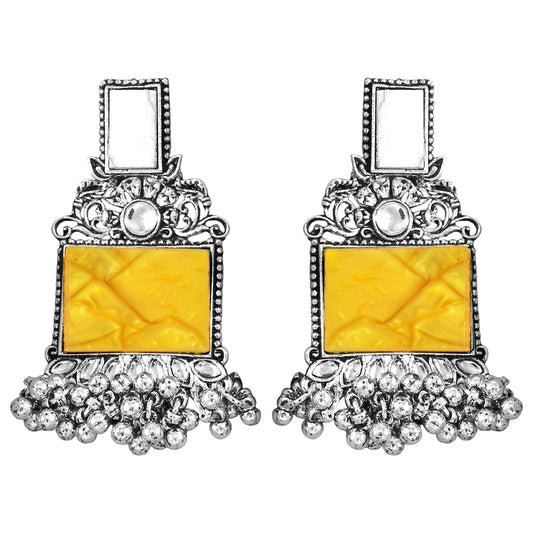 JFL - Jewellery for Less Navratri Special Combo of Oxidised Acrylic Mother of Pearl and Kundan Studded Statement Earrings with Ghungroo Bracelet for Women & Girls. (Yellow)