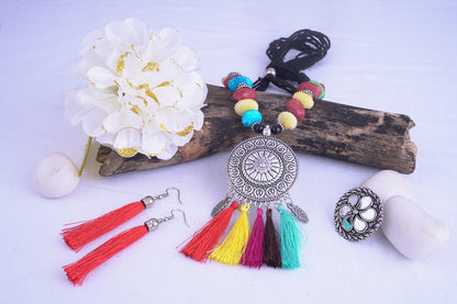 JFL - Jewellery for Less Combo Fancy Oxidised Silver Plated Multi Colour Tassel and Mussels Shell Necklace Set with Mirror Work Adjustable Finger Ring Women & Girls.(Navratri Special)