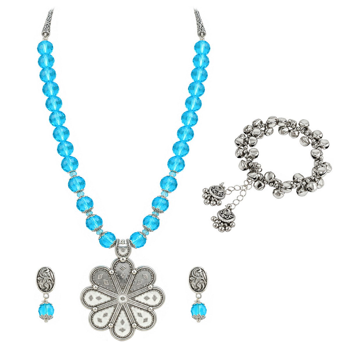 JFL - Jewellery for Less Oxidized Silver Floral Pendant Sky Blue Beaded Necklace Earrings with Bracelet Set for Women – Navratri Special Traditional Jewellery Set