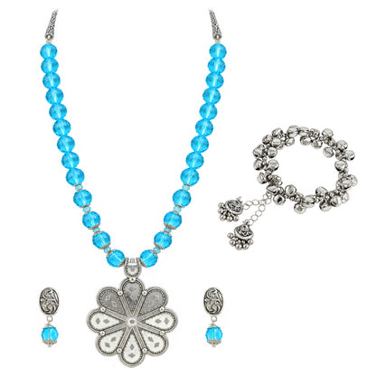 JFL - Jewellery for Less Oxidized Silver Floral Pendant Sky Blue Beaded Necklace Earrings with Bracelet Set for Women – Navratri Special Traditional Jewellery Set