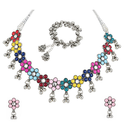 JFL - Jewellery for Less Oxidized German Silver Flower Necklace Set with Earrings and Bracelet – Multicolor Stone Choker Jewellery Set for Women & Girls, Traditional Ethnic Antique Silver Combo