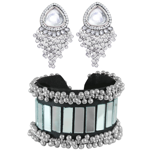 JFL - Jewellery for Less Combo of Mirror Work Kada Bracelet with Heavy Kundan Chandelier Earrings | Traditional Festive Jewellery Set for Women & Girls(Navratri Special)