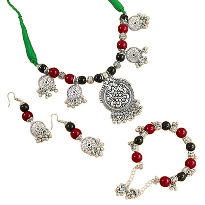 JFL-Jewellery for Less Maroon & Black Beaded Jewellery Set – Necklace, Earrings & Bracelet with Oxidised Silver 5‑Pendant Floral Necklace on Green Cord , Navratri, Garba