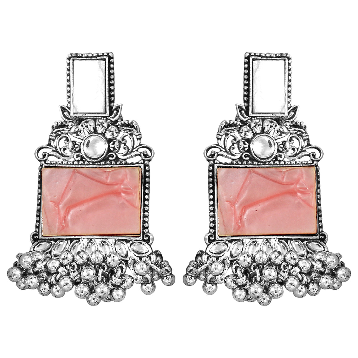 JFL - Jewellery for Less Navratri Special Combo of Oxidised Acrylic Mother of Pearl and Kundan Studded Statement Earrings with Ghungroo Bracelet for Women & Girls. (Peach)