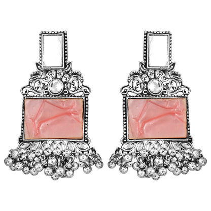 JFL - Jewellery for Less Navratri Special Combo of Oxidised Acrylic Mother of Pearl and Kundan Studded Statement Earrings with Ghungroo Bracelet for Women & Girls. (Peach)