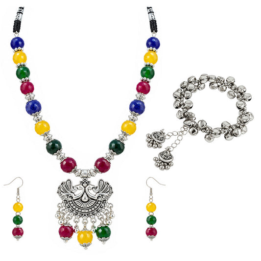 JFL - Jewellery for Less Oxidized German Silver Peacock Pendant Multicolour Beaded Necklace and Earrings with Bracelet Set for Women & Girls | Navratri Special Ethnic Jewellery Set