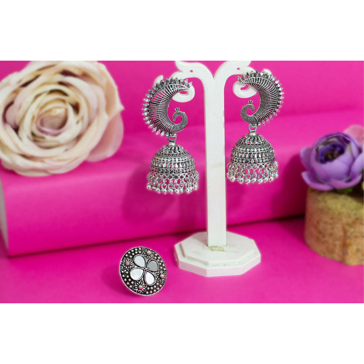 JFL - Jewellery for Less Combo Stylish Antique Oxidised Silver Plated Peacock Design Jhumki Earring with Floral Design Mirror Work Adjustable Finger Ring Women & Girls.(Navratri Special)