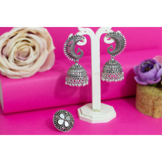 JFL - Jewellery for Less Combo Stylish Antique Oxidised Silver Plated Peacock Design Jhumki Earring with Floral Design Mirror Work Adjustable Finger Ring Women & Girls.(Navratri Special)