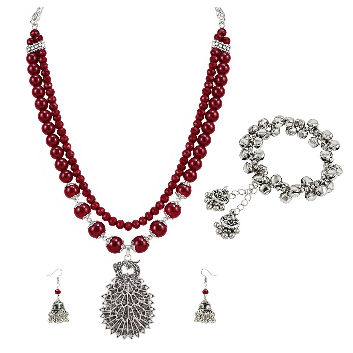 JFL - Jewellery for Less Maroon Beaded Double Layer Necklace Set with Oxidized Peacock Pendant & Matching Jhumkas with Bracelet – Ethnic Jewellery Set for Women