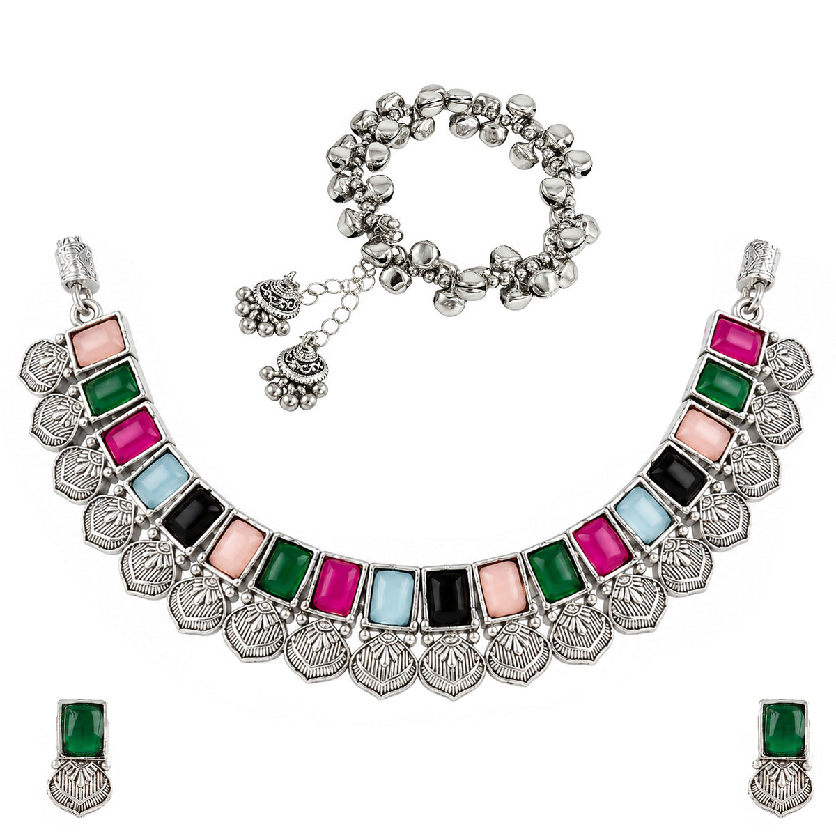Oxidized Silver Multicolor Stone Choker Necklace and Earrings with Bracelet Set – Navratri Special Traditional Antique Jewellery Set for Women & Girls