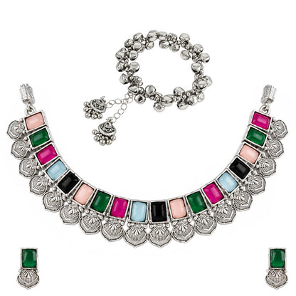 Oxidized Silver Multicolor Stone Choker Necklace and Earrings with Bracelet Set – Navratri Special Traditional Antique Jewellery Set for Women & Girls