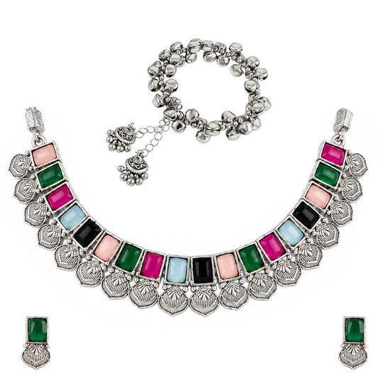 Oxidized Silver Multicolor Stone Choker Necklace and Earrings with Bracelet Set – Navratri Special Traditional Antique Jewellery Set for Women & Girls