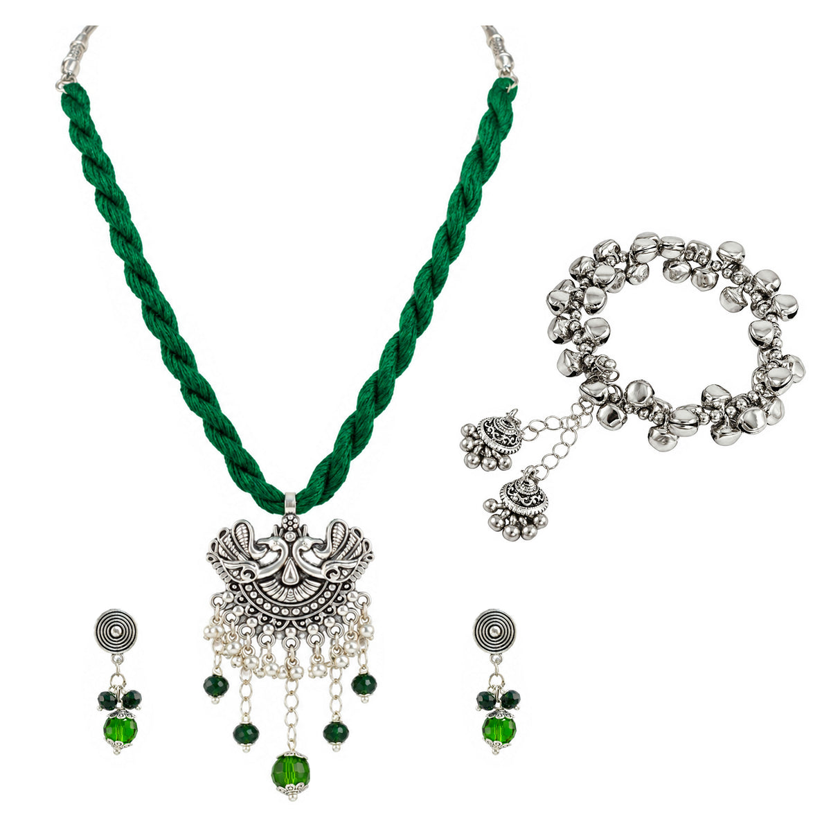 JFL - Jewellery for Less Oxidized Silver Peacock Pendant Green Thread Necklace Earrings with Bracelet Set – Green Bead Dangle Jewellery Set for Women & Girls