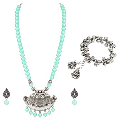 Oxidized German Silver Half Moon Pendant Necklace with Sea Green Beads and Matching Earrings & Bracelet – Navratri Special Traditional Jewellery Set for Women