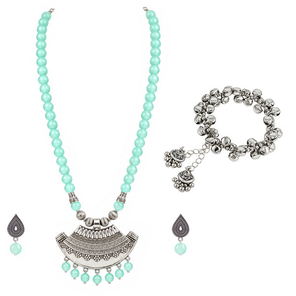 Oxidized German Silver Half Moon Pendant Necklace with Sea Green Beads and Matching Earrings & Bracelet – Navratri Special Traditional Jewellery Set for Women