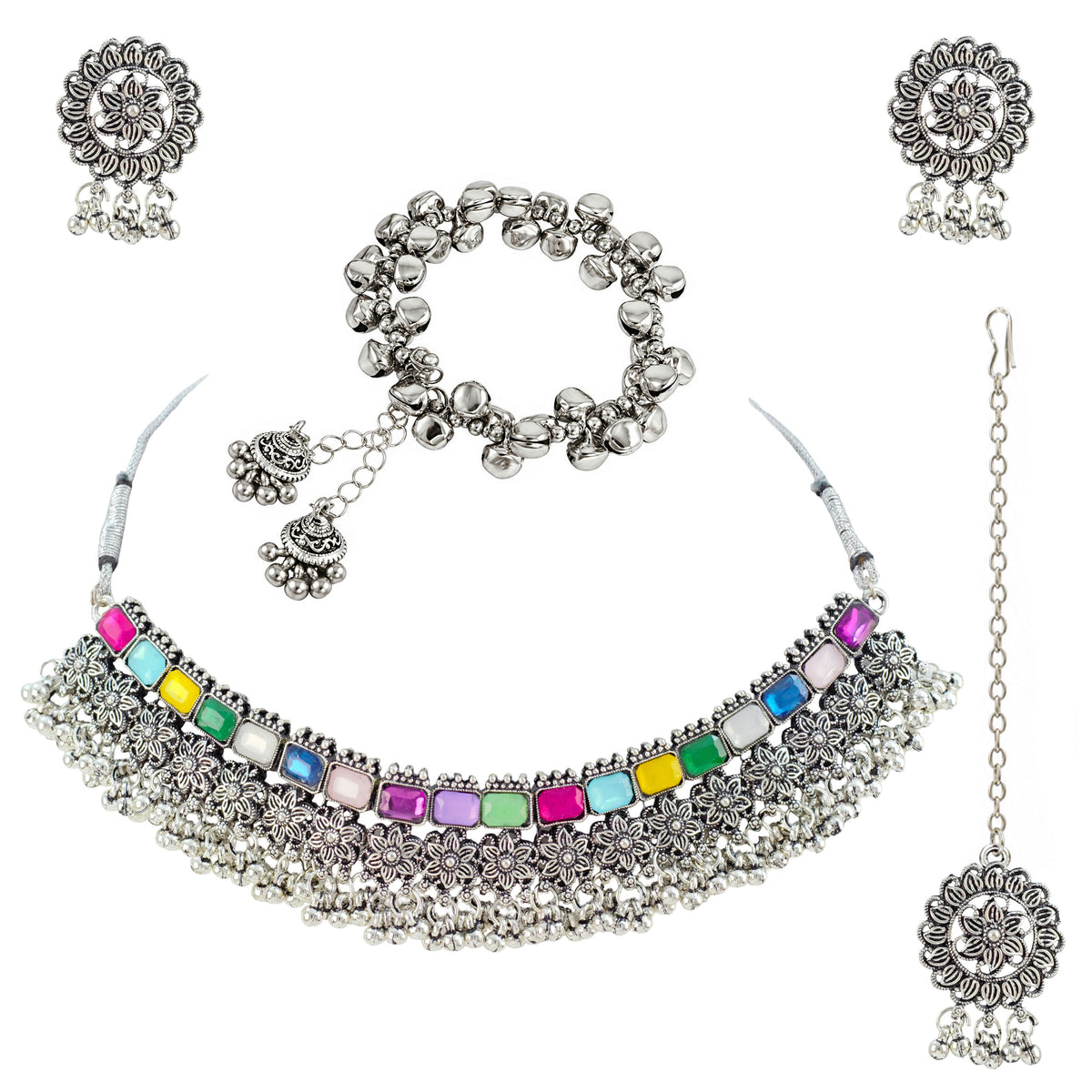 JFL - Jewellery for Less Oxidized German Silver Choker Necklace Set with Earrings and Bracelet – Heavy Floral Multicolor Stone Jewellery Set for Women & Girls, Traditional Bridal Ethnic Combo
