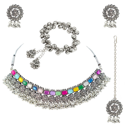 JFL - Jewellery for Less Oxidized German Silver Choker Necklace Set with Earrings and Bracelet – Heavy Floral Multicolor Stone Jewellery Set for Women & Girls, Traditional Bridal Ethnic Combo