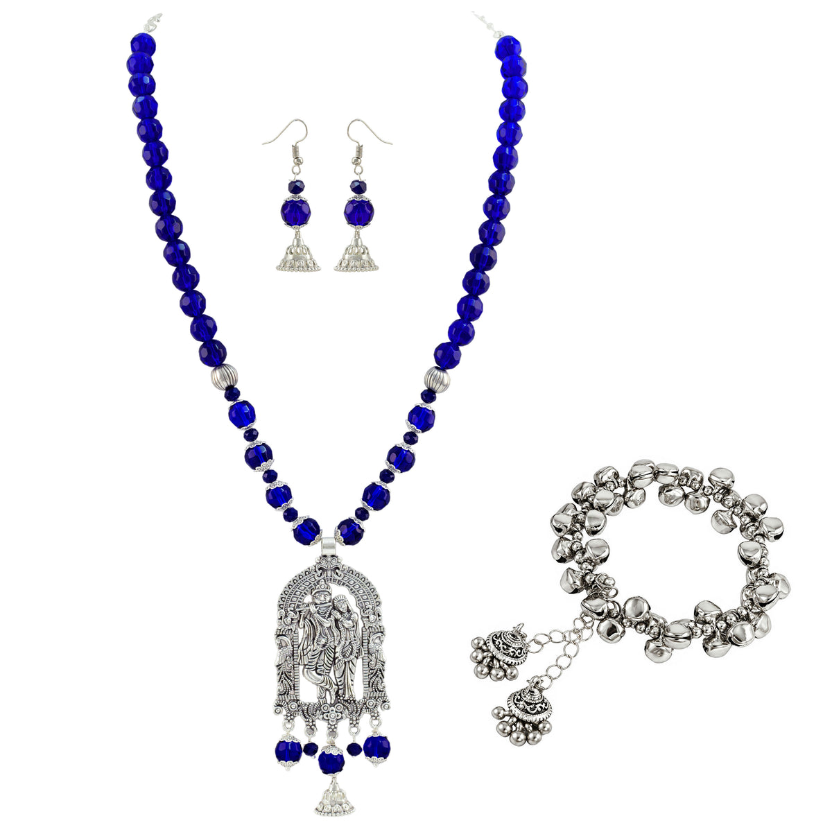 JFL - Jewellery for Less Oxidized German Silver Radha Krishna Pendant Necklace Set and Jhumki Earrings with Bracelet for Women | Royal Blue Beaded Traditional Ethnic Jewellery Set | Navratri Festive