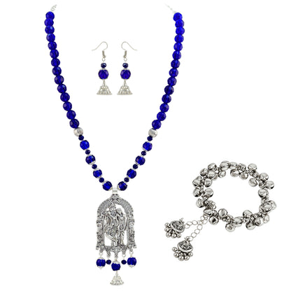 JFL - Jewellery for Less Oxidized German Silver Radha Krishna Pendant Necklace Set and Jhumki Earrings with Bracelet for Women | Royal Blue Beaded Traditional Ethnic Jewellery Set | Navratri Festive