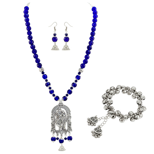 JFL - Jewellery for Less Oxidized German Silver Radha Krishna Pendant Necklace Set and Jhumki Earrings with Bracelet for Women | Royal Blue Beaded Traditional Ethnic Jewellery Set | Navratri Festive