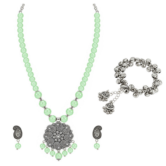 JFL - Jewellery for Less Oxidized Silver Floral Pendant Green Beaded Necklace Earrings with Bracelet Set – Paisley Design Jewellery Set for Women & Girls