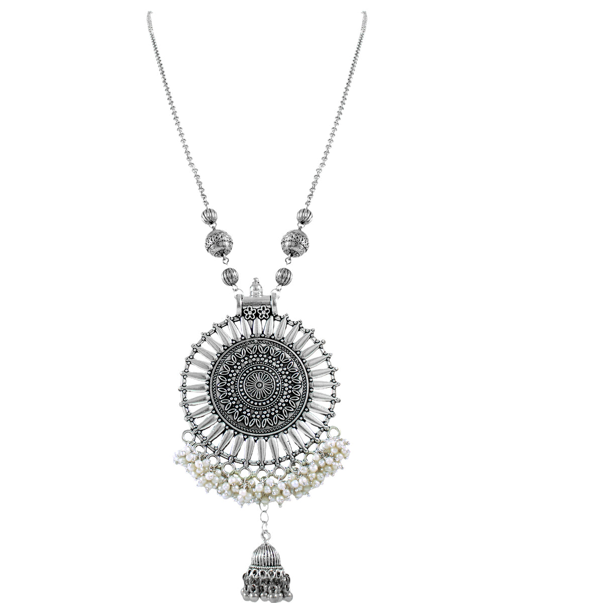 JFL‑Jewellery for Less Oxidised Silver Jewellery Set–Necklace,Earrings with Intricate Circular Pendant and White Bead Fringe, Matching Danglers-For Women & Girls–Navratri,Garba