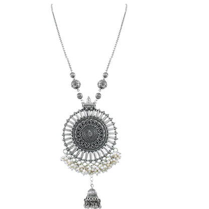 JFL‑Jewellery for Less Oxidised Silver Jewellery Set–Necklace,Earrings with Intricate Circular Pendant and White Bead Fringe, Matching Danglers-For Women & Girls–Navratri,Garba