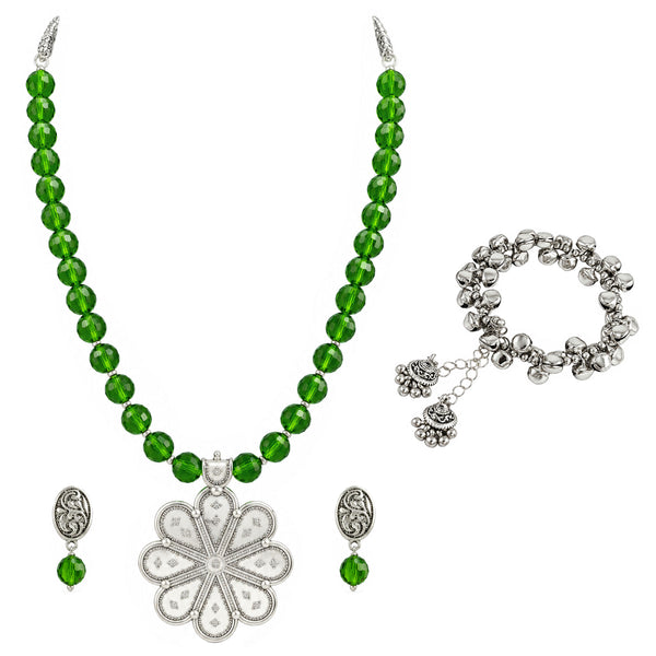 JFL - Jewellery for Less Oxidized Silver Floral Pendant Green Beaded Necklace Earrings with Bracelet Set for Women – Navratri Special Traditional Jewellery Set